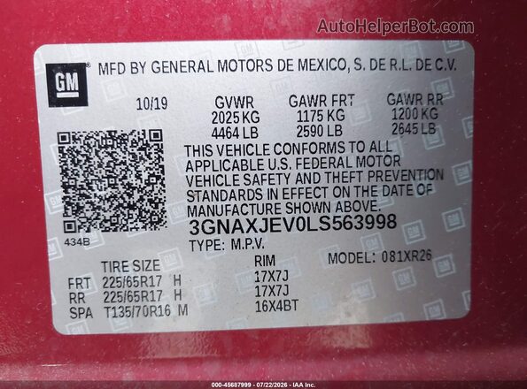 3GNAXJEV0LS563998 2020 CHEVROLET EQUINOX Red ძრავის განყოფილების ხედი