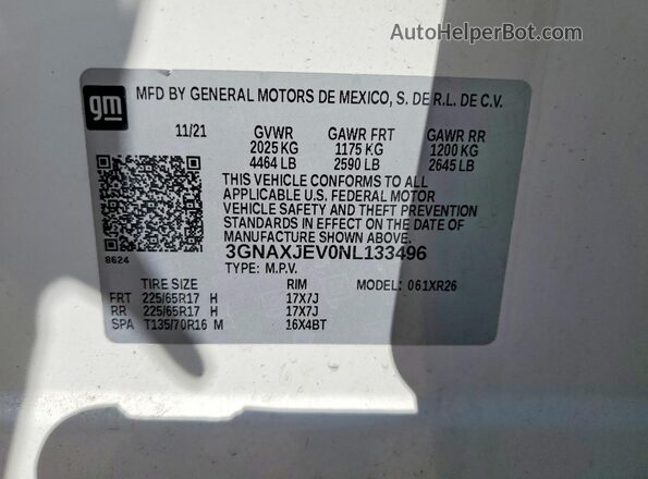 3GNAXJEV0NL133496 2022 CHEVROLET EQUINOX White Вид наклейки з VIN-кодом
