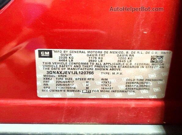 3GNAXJEV1JL120766 2018 CHEVROLET EQUINOX Burgundy Widok naklejki z numerem VIN
