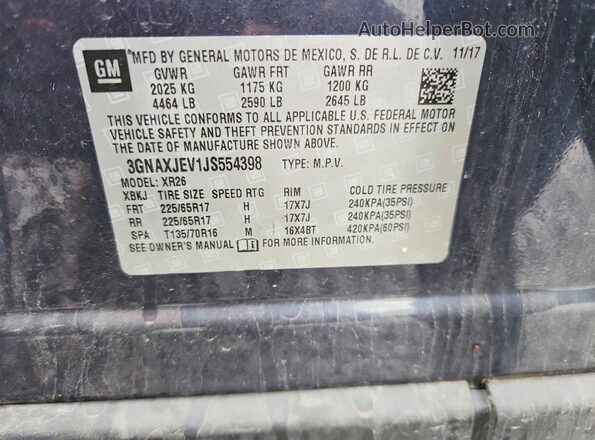 3GNAXJEV1JS554398 2018 CHEVROLET EQUINOX Синий Вид подкапотного пространства