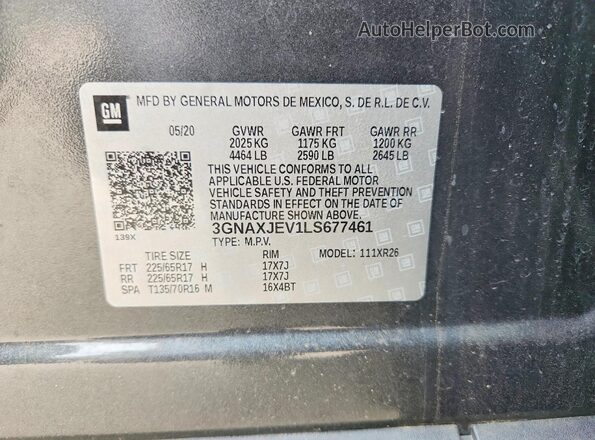 3GNAXJEV1LS677461 2020 CHEVROLET EQUINOX Gray Widok wnętrza 360 stopni