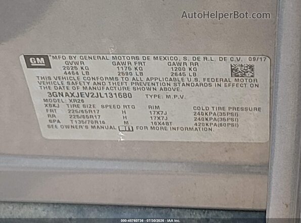 3GNAXJEV2JL131680 2018 CHEVROLET EQUINOX Gold Widok komory silnika