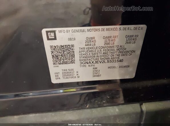 3GNAXJEV2LS531540 2020 CHEVROLET EQUINOX Black Engine compartment view