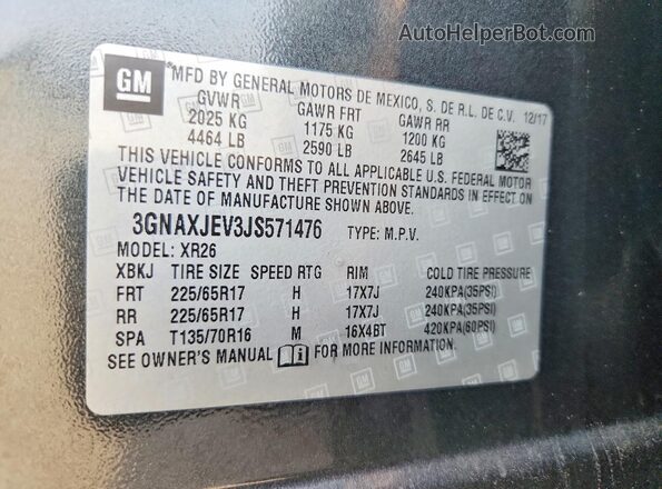 3GNAXJEV3JS571476 2018 CHEVROLET EQUINOX Угольный Вид наклейки с VIN-кодом