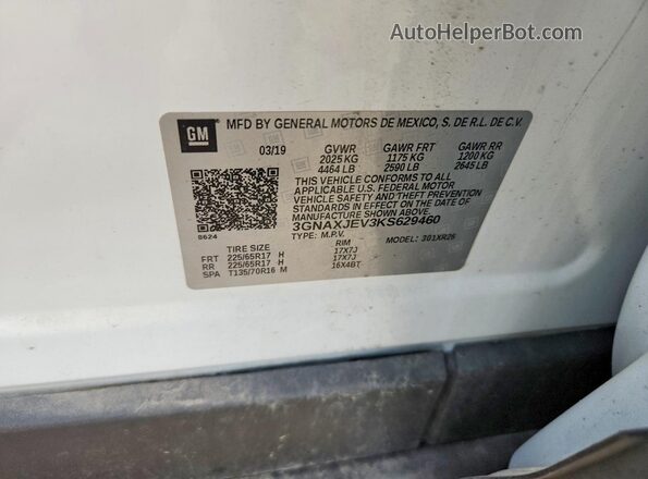 3GNAXJEV3KS629460 2019 CHEVROLET EQUINOX White Widok naklejki z numerem VIN