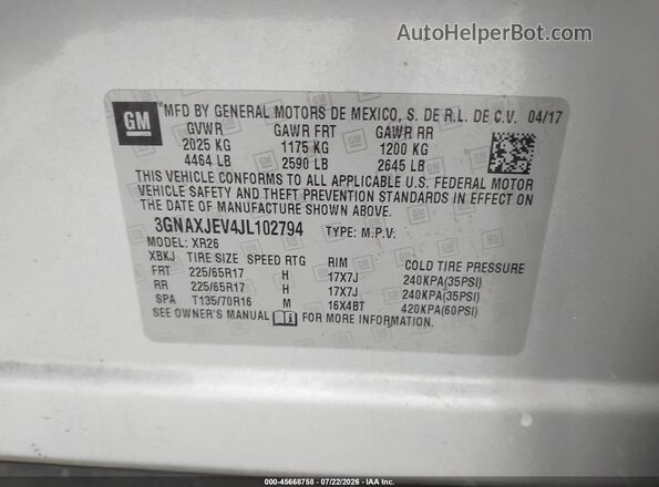 3GNAXJEV4JL102794 2018 CHEVROLET EQUINOX Silver Вид підкапотного простору