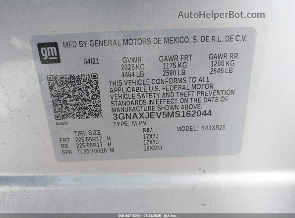3GNAXJEV5MS162044 2021 CHEVROLET EQUINOX Silver Vista del compartimento del motor
