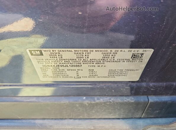 3GNAXJEV6JL120357 2018 CHEVROLET EQUINOX Blue Вид наклейки з VIN-кодом
