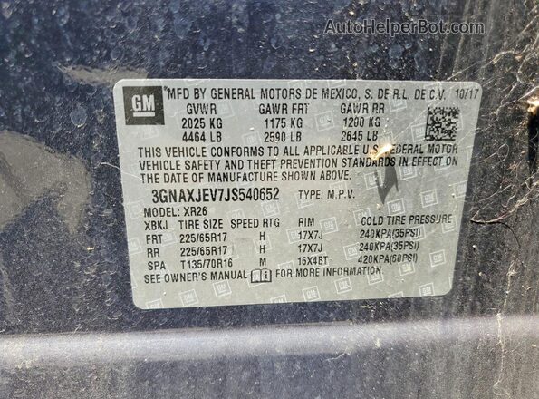 3GNAXJEV7JS540652 2018 CHEVROLET EQUINOX Blue Widok naklejki z numerem VIN
