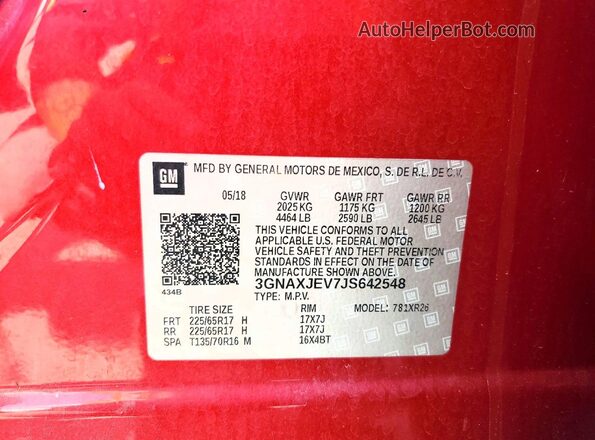 3GNAXJEV7JS642548 2018 CHEVROLET EQUINOX Red Vista de la etiqueta del VIN