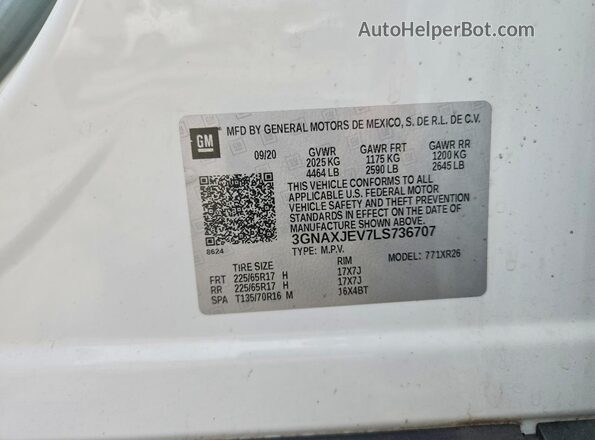 3GNAXJEV7LS736707 2020 CHEVROLET EQUINOX White VIN sticker view