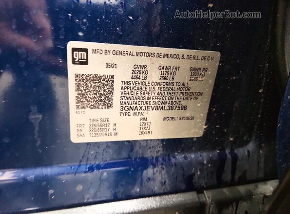 3GNAXJEV8ML387598 2021 CHEVROLET EQUINOX Синий Панорамный вид салона 360°