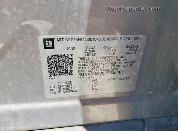 3GNAXJEV9JS635469 2018 CHEVROLET EQUINOX Серебряный Вид наклейки с VIN-кодом