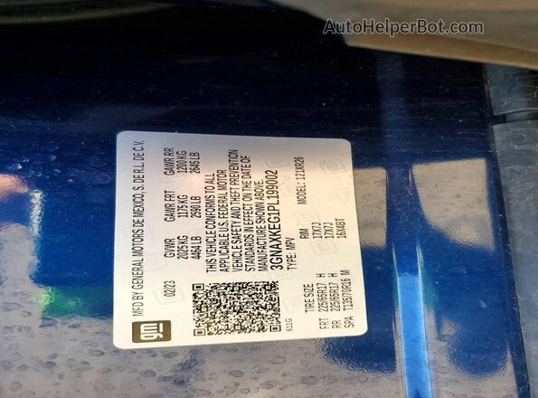 3GNAXKEG1PL199002 2023 CHEVROLET EQUINOX Blue Vista de la etiqueta del VIN