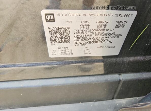 3GNAXKEG5PS169216 2023 CHEVROLET EQUINOX Gray Widok naklejki z numerem VIN