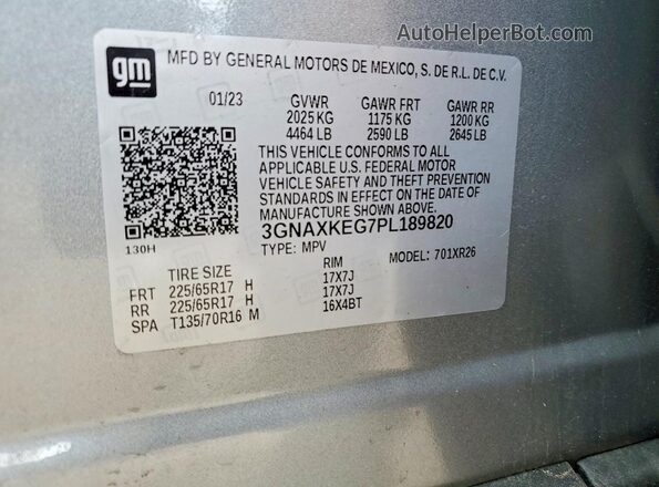 3GNAXKEG7PL189820 2023 CHEVROLET EQUINOX Серый Вид наклейки с VIN-кодом