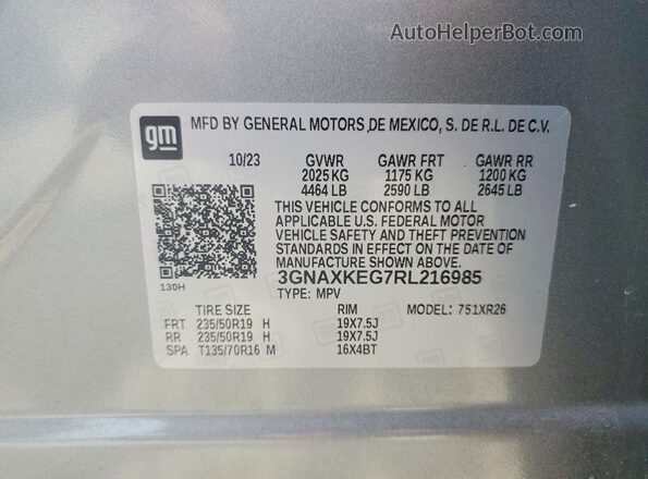 3GNAXKEG7RL216985 2024 CHEVROLET EQUINOX Silver Вид наклейки з VIN-кодом