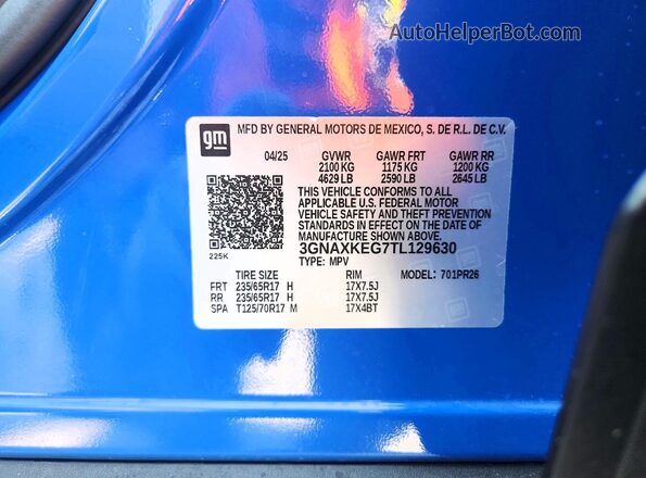 3GNAXKEG7TL129630 2026 CHEVROLET EQUINOX Blue Vista de la etiqueta del VIN