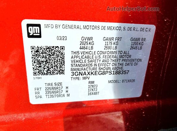 3GNAXKEG8PS188357 2023 CHEVROLET EQUINOX Красный Вид наклейки с VIN-кодом