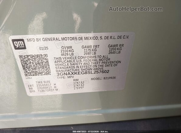 3GNAXKEG8SL257602 2025 CHEVROLET EQUINOX Tan Вид підкапотного простору