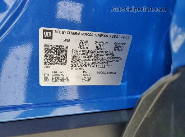 3GNAXKEG8TL111444 2026 CHEVROLET EQUINOX Blue Vista de la etiqueta del VIN