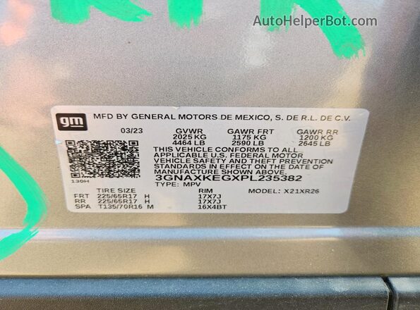 3GNAXKEGXPL235382 2023 CHEVROLET EQUINOX Silver VIN კოდის სტიკერის ხედი