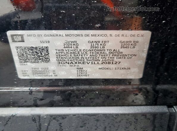 3GNAXKEV1LL208127 2020 CHEVROLET EQUINOX Черный Вид наклейки с VIN-кодом
