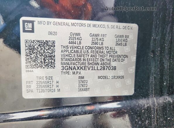 3GNAXKEV1LL287038 2020 CHEVROLET EQUINOX Black Вид наклейки з VIN-кодом