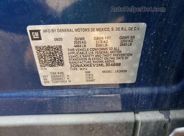 3GNAXKEV1ML304888 2021 CHEVROLET EQUINOX Blue Widok naklejki z numerem VIN