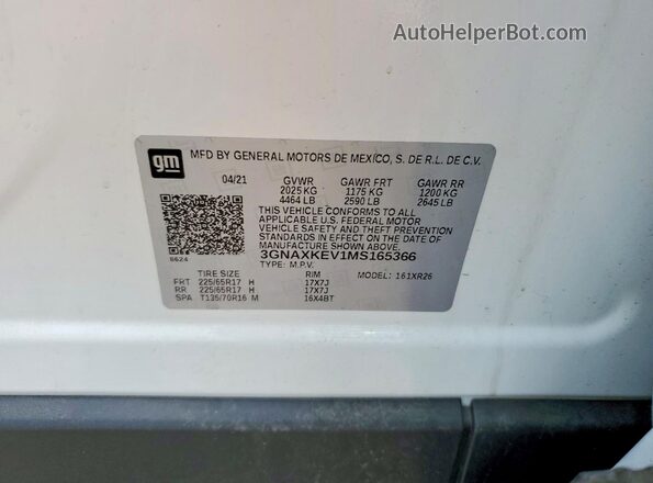 3GNAXKEV1MS165366 2021 CHEVROLET EQUINOX White Widok naklejki z numerem VIN