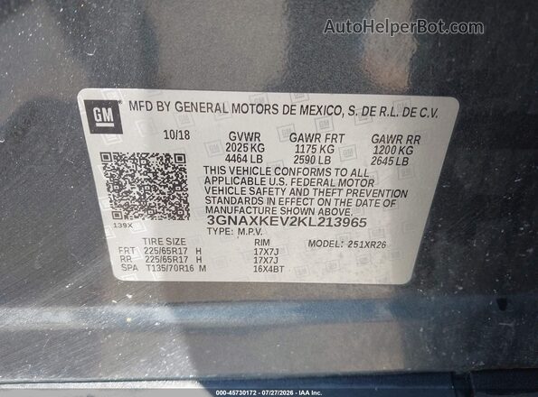 3GNAXKEV2KL213965 2019 CHEVROLET EQUINOX Gray ძრავის განყოფილების ხედი