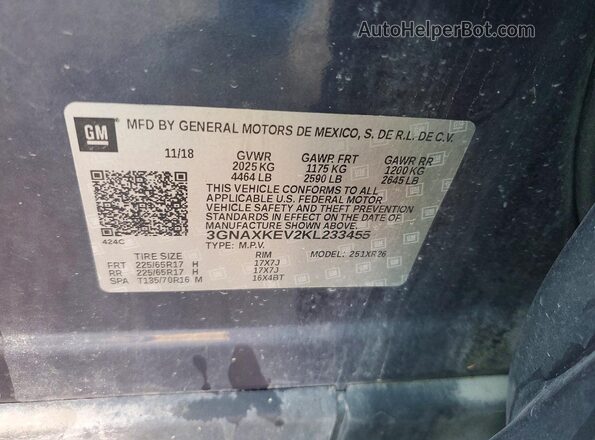 3GNAXKEV2KL233455 2019 CHEVROLET EQUINOX Угольный Вид наклейки с VIN-кодом