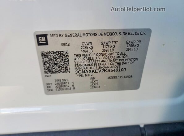 3GNAXKEV2KS540100 2019 CHEVROLET EQUINOX Белый Вид наклейки с VIN-кодом