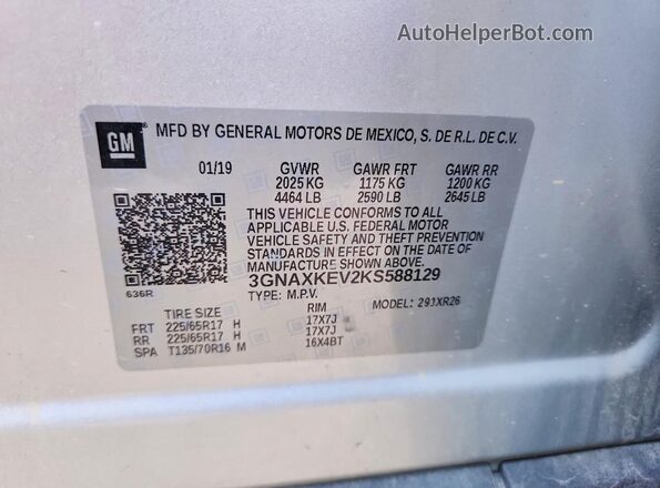 3GNAXKEV2KS588129 2019 CHEVROLET EQUINOX Серый Вид наклейки с VIN-кодом
