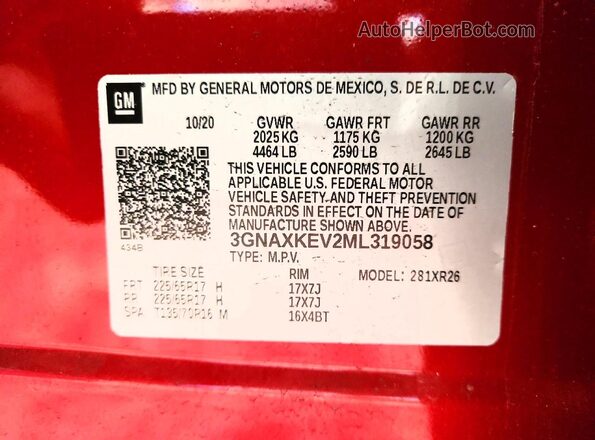 3GNAXKEV2ML319058 2021 CHEVROLET EQUINOX Red Вид наклейки з VIN-кодом