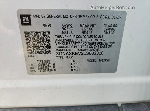 3GNAXKEV3LS683316 2020 CHEVROLET EQUINOX White Engine compartment view