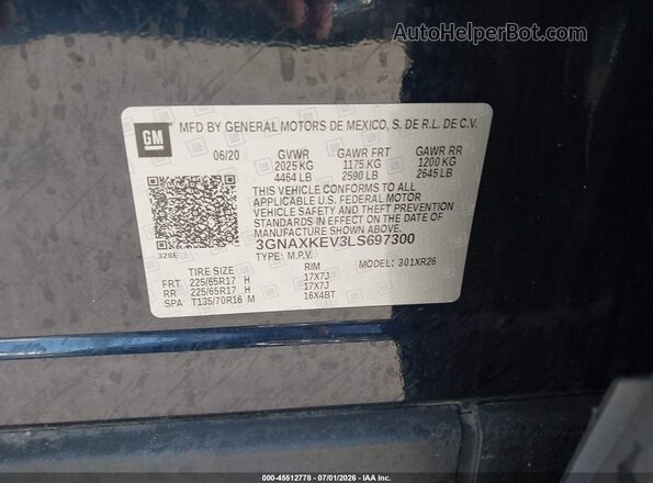 3GNAXKEV3LS697300 2020 CHEVROLET EQUINOX Black Engine compartment view