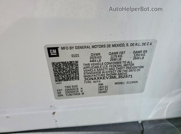 3GNAXKEV3ML352571 2021 CHEVROLET EQUINOX White 360 interior view