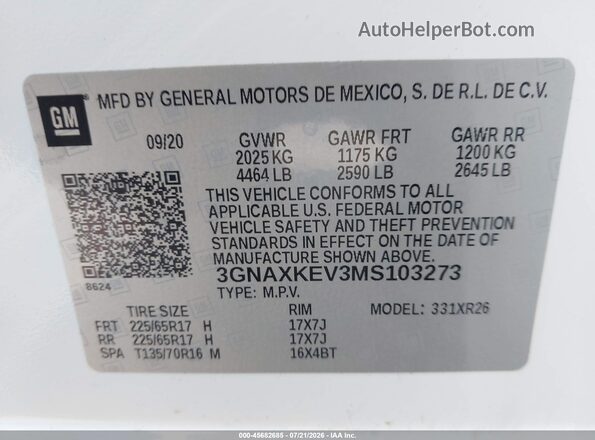 3GNAXKEV3MS103273 2021 CHEVROLET EQUINOX White ძრავის განყოფილების ხედი