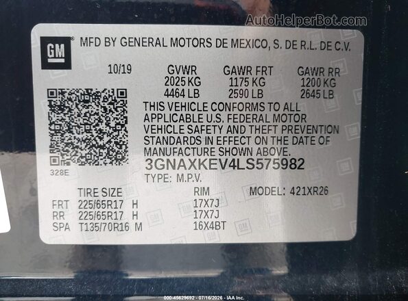 3GNAXKEV4LS575982 2020 CHEVROLET EQUINOX Black Engine compartment view