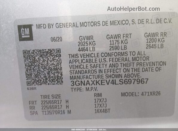3GNAXKEV4LS697967 2020 CHEVROLET EQUINOX Gray Vista del compartimento del motor