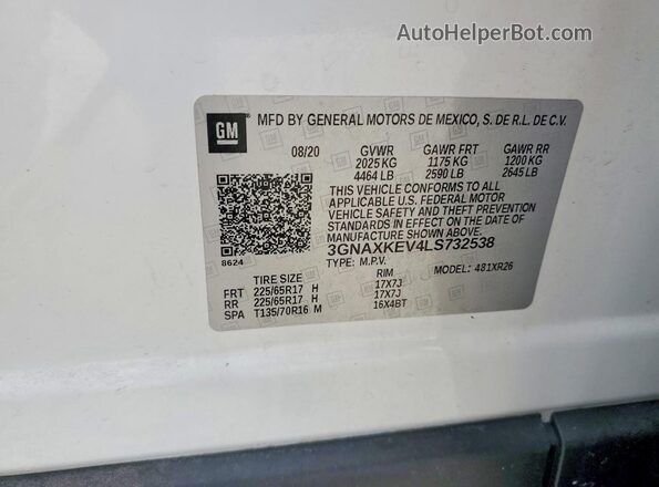3GNAXKEV4LS732538 2020 CHEVROLET EQUINOX White Widok wnętrza 360 stopni