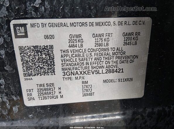 3GNAXKEV5LL288421 2020 CHEVROLET EQUINOX Черный Вид подкапотного пространства