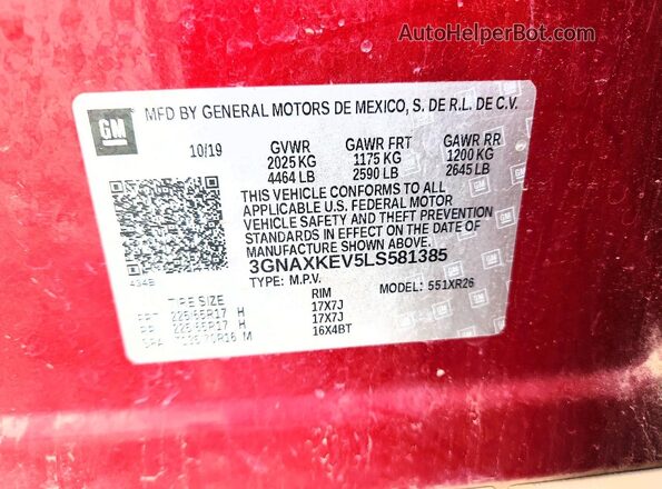 3GNAXKEV5LS581285 2020 CHEVROLET EQUINOX Burgundy Widok wnętrza 360 stopni