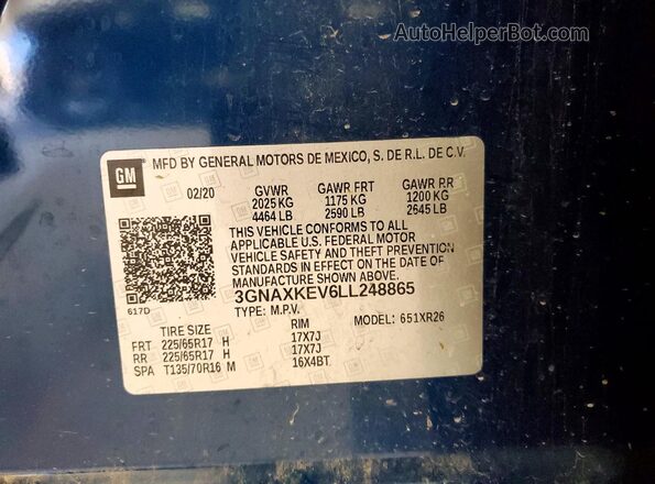 3GNAXKEV6LL248865 2020 CHEVROLET EQUINOX Blue Widok naklejki z numerem VIN