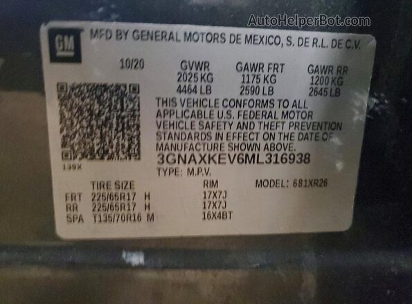 3GNAXKEV6ML316938 2021 CHEVROLET EQUINOX Угольный Вид наклейки с VIN-кодом