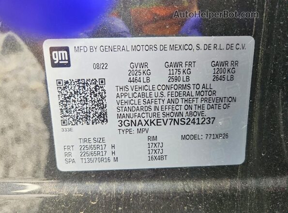 3GNAXKEV7NS241237 2022 CHEVROLET EQUINOX Gray Widok wnętrza 360 stopni