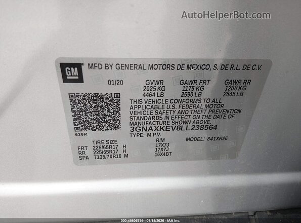3GNAXKEV8LL238564 2020 CHEVROLET EQUINOX Silver Vista del compartimento del motor