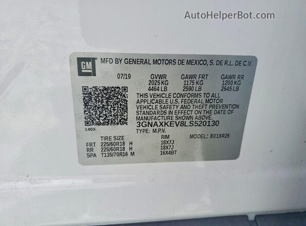 3GNAXKEV8LS520130 2020 CHEVROLET EQUINOX White VIN კოდის სტიკერის ხედი