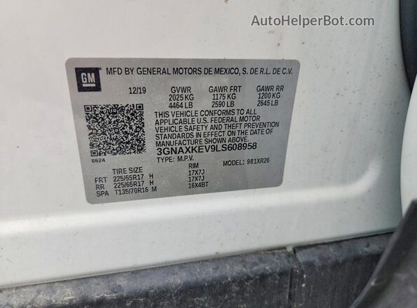 3GNAXKEV9LS608958 2020 CHEVROLET EQUINOX Белый Вид наклейки с VIN-кодом